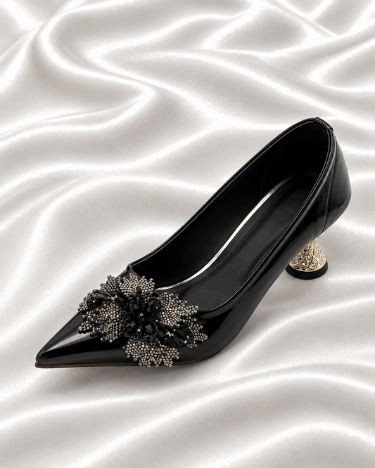 Taupe Brown Pointed-Toe Pumps with Floral Beaded Embellishments