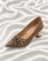 Taupe Brown Pointed-Toe Pumps with Floral Beaded Embellishments