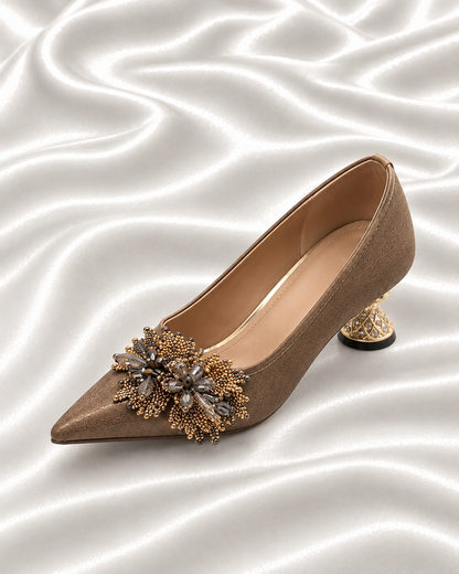 Taupe Brown Pointed-Toe Pumps with Floral Beaded Embellishments