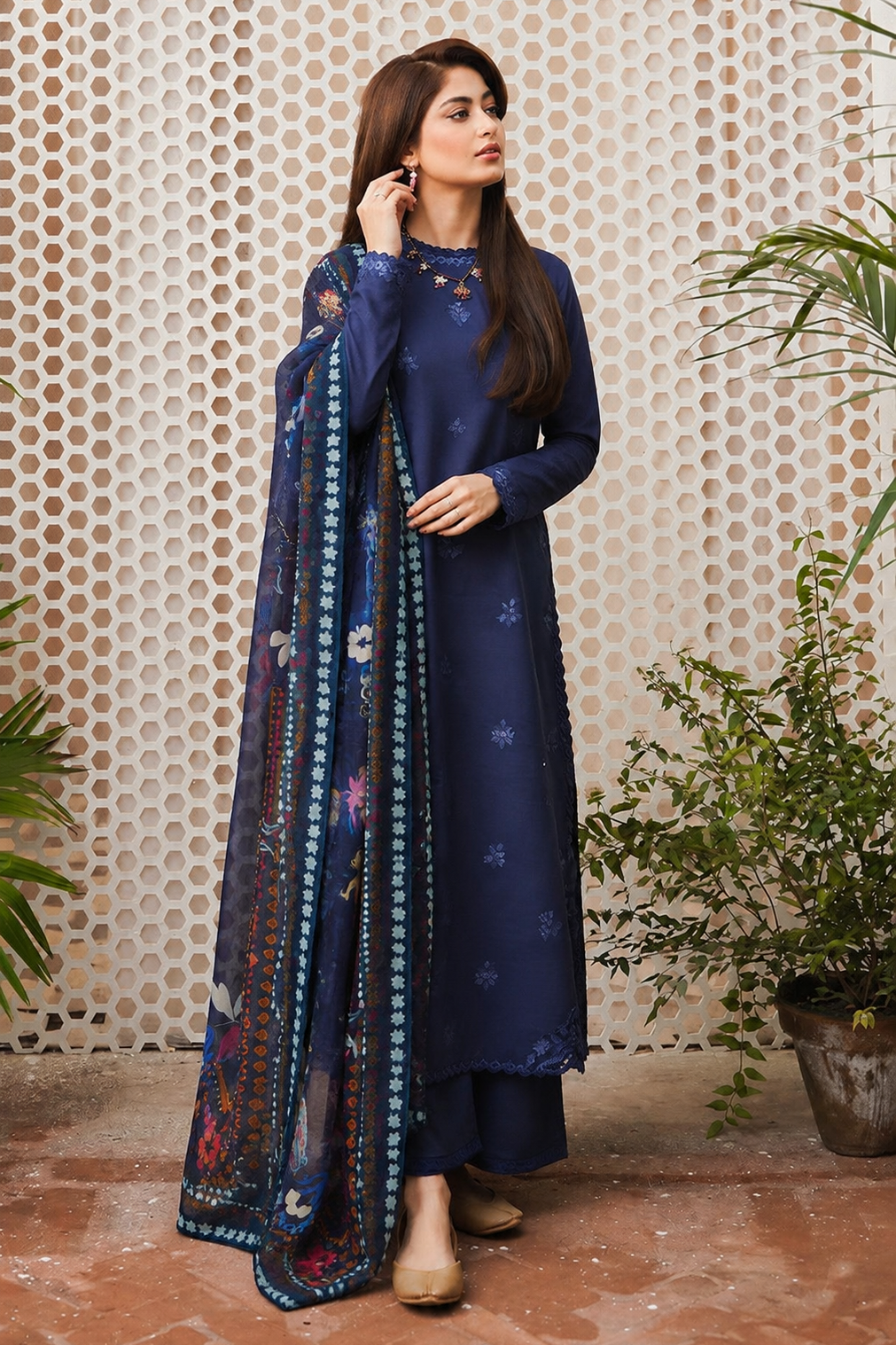 Elegant Navy Blue Embroidered Suit With Printed Dupatta