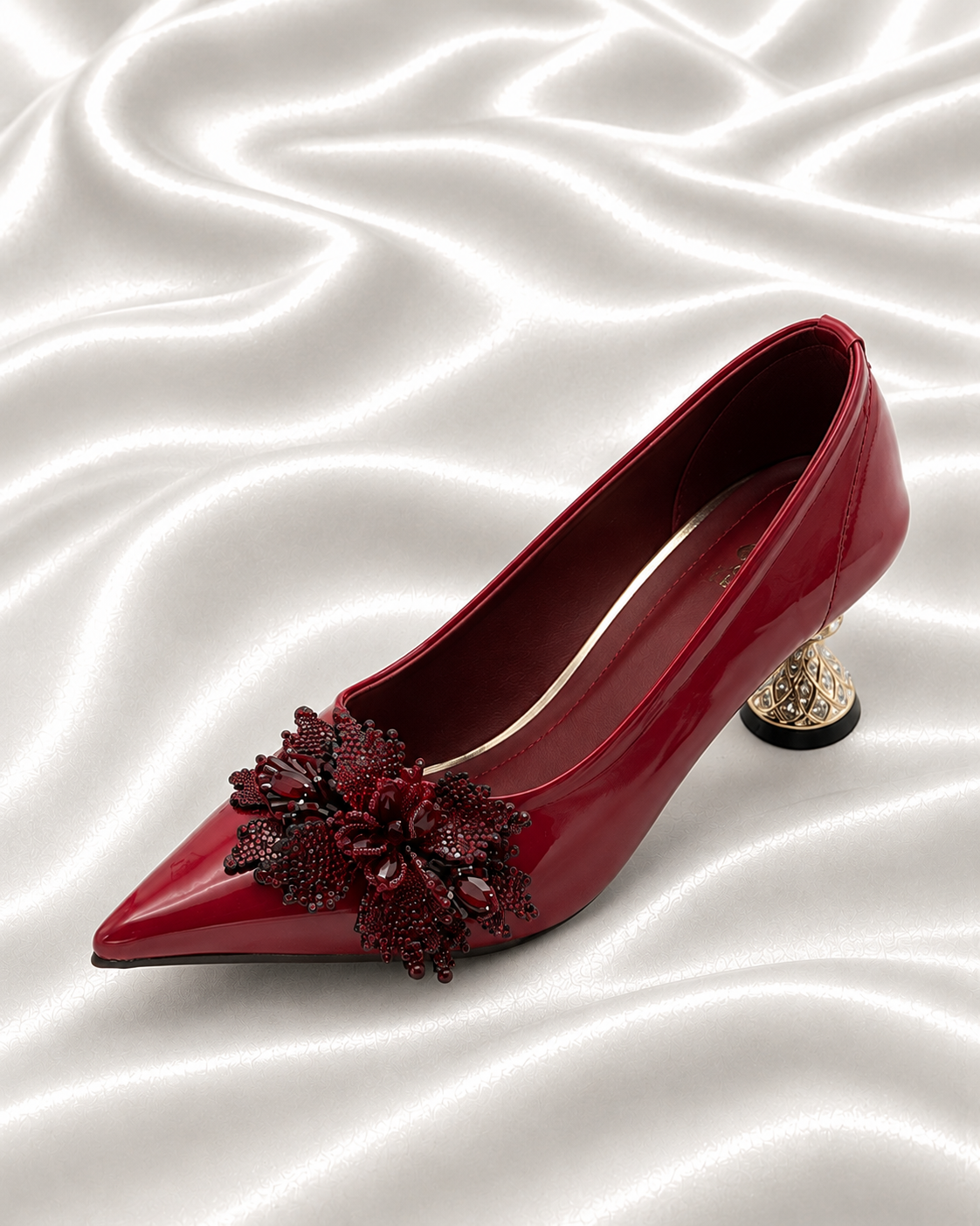 Taupe Brown Pointed-Toe Pumps with Floral Beaded Embellishments