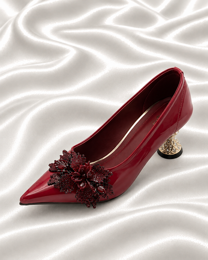 Taupe Brown Pointed-Toe Pumps with Floral Beaded Embellishments