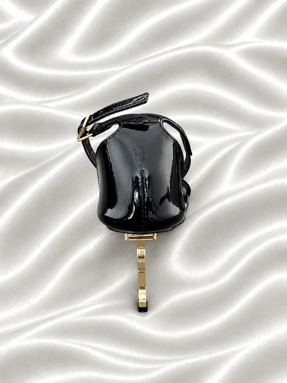 YSL Black Glossy Ankle Strap Sandals with Gold Heels