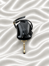 YSL Black Glossy Ankle Strap Sandals with Gold Heels