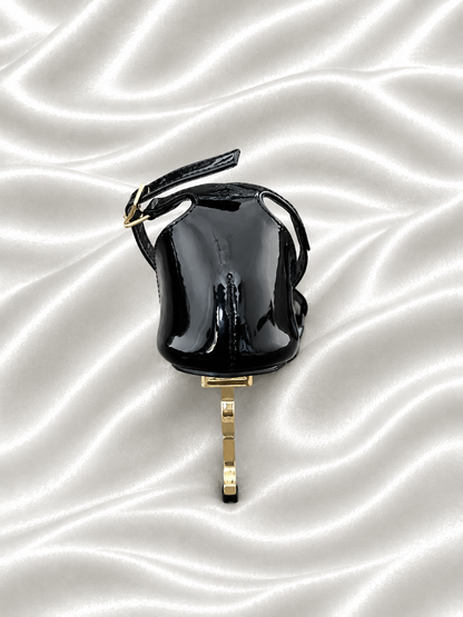 YSL Black Glossy Ankle Strap Sandals with Gold Heels