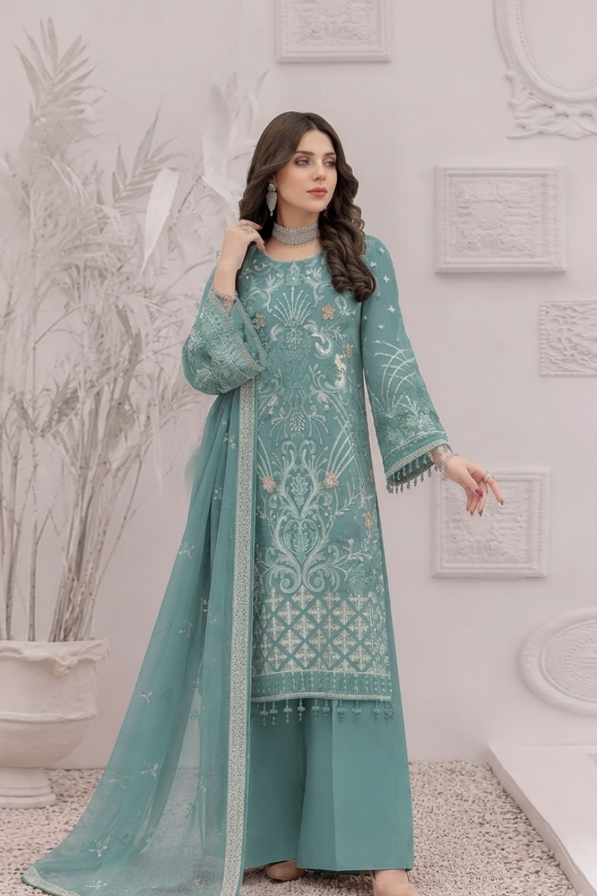 Graceful Teal Embroidered Luxury Lawn Suit Collection
