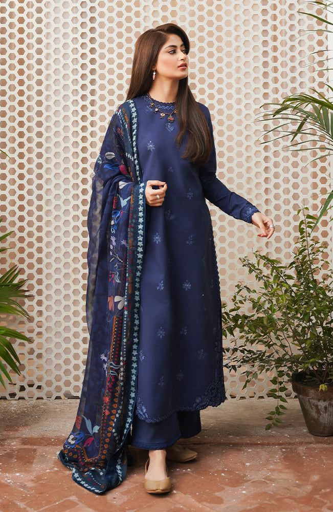 Elegant Navy Blue Embroidered Suit With Printed Dupatta