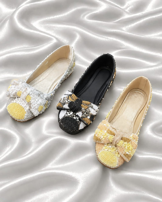 Elegant Bow Beaded Ballet Shoes