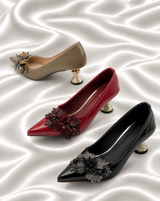 Taupe Brown Pointed-Toe Pumps with Floral Beaded Embellishments